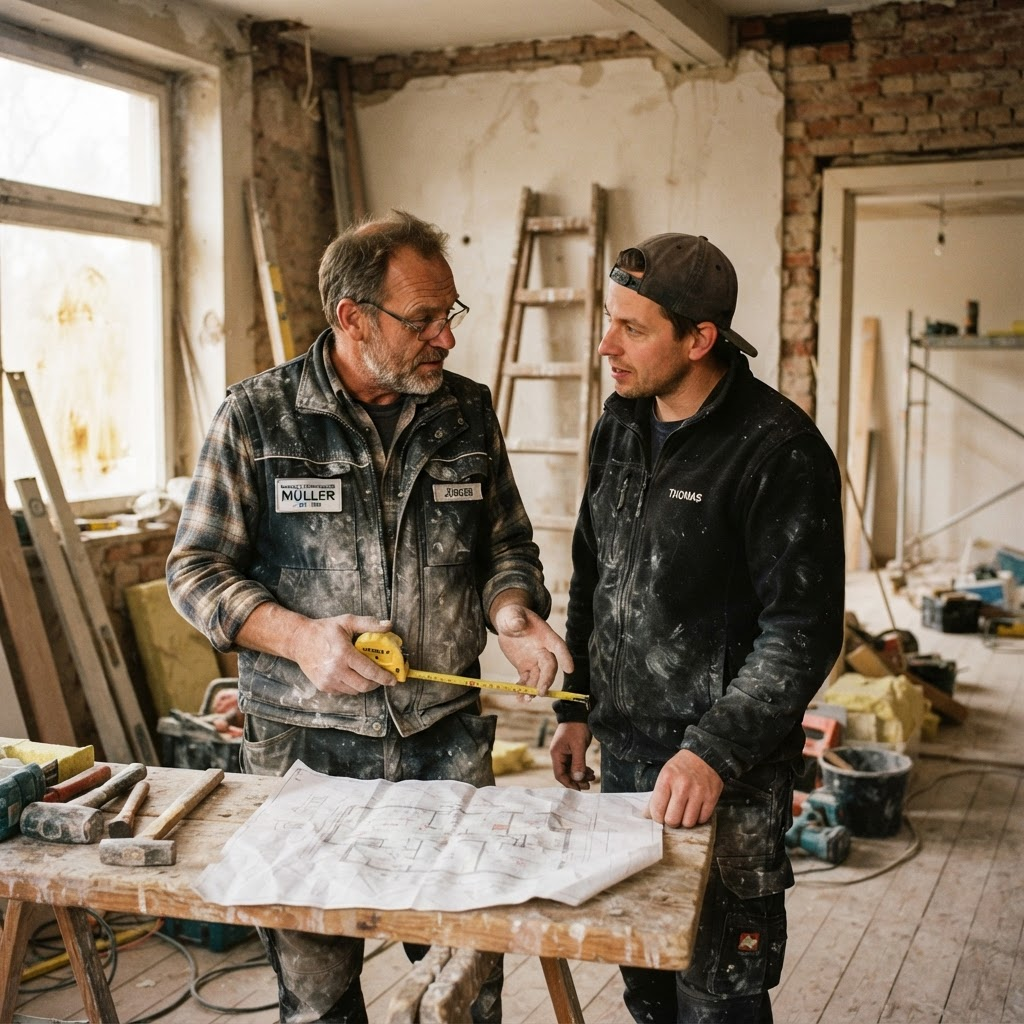 Handwerker von Mikeladze Bau besprechen ein Renovierungsprojekt